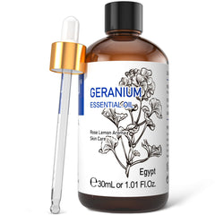 HIQILI Geranium essential oil bottle close-up for skin and diffuser use