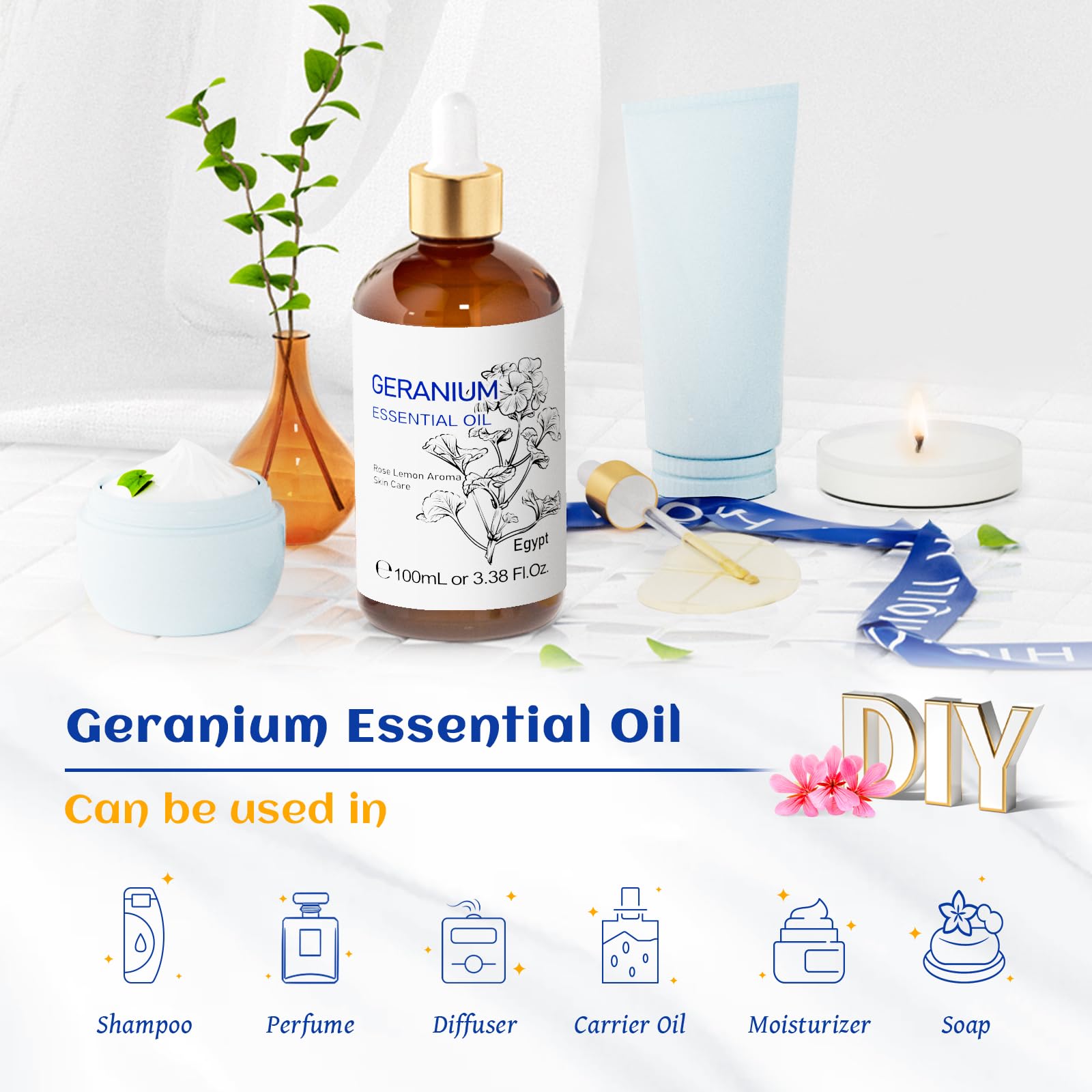 HIQILI geranium oil bottle beside candles for ambient scent.