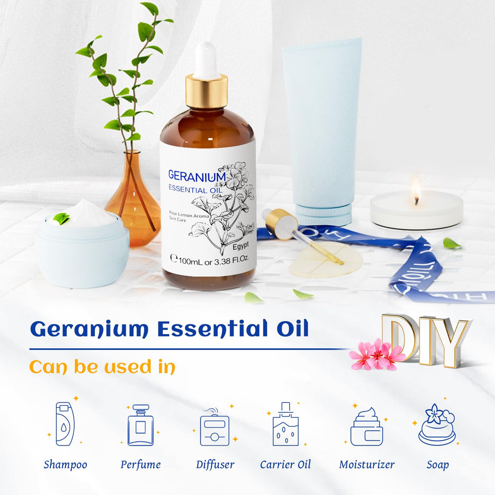 HIQILI geranium oil bottle beside candles for ambient scent.