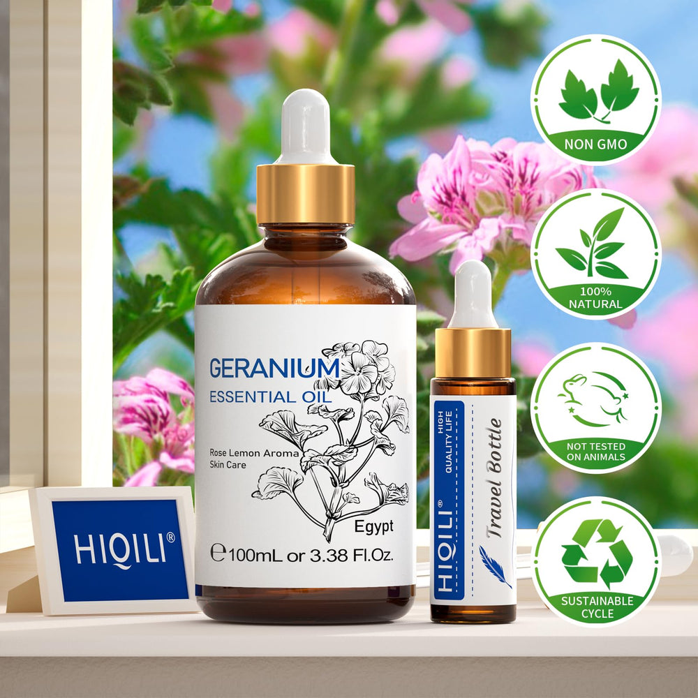 HIQILI geranium essential oil bottle on wooden surface for DIY blends.