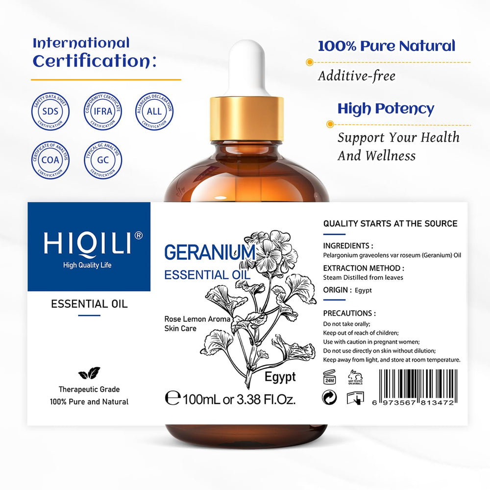HIQILI geranium oil shown with dropper for easy application.