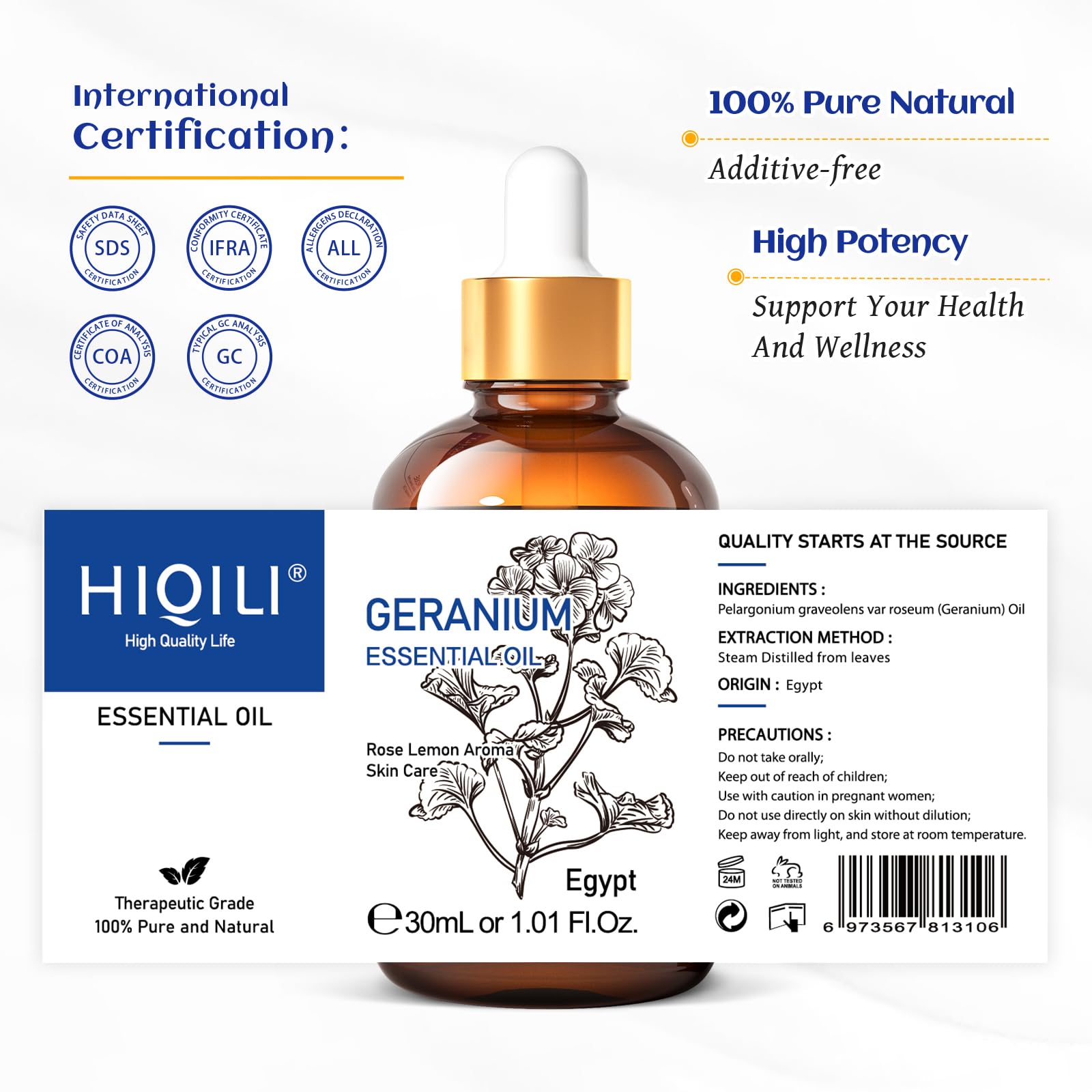 HIQILI Geranium oil label closeup emphasizing purity and natural origin