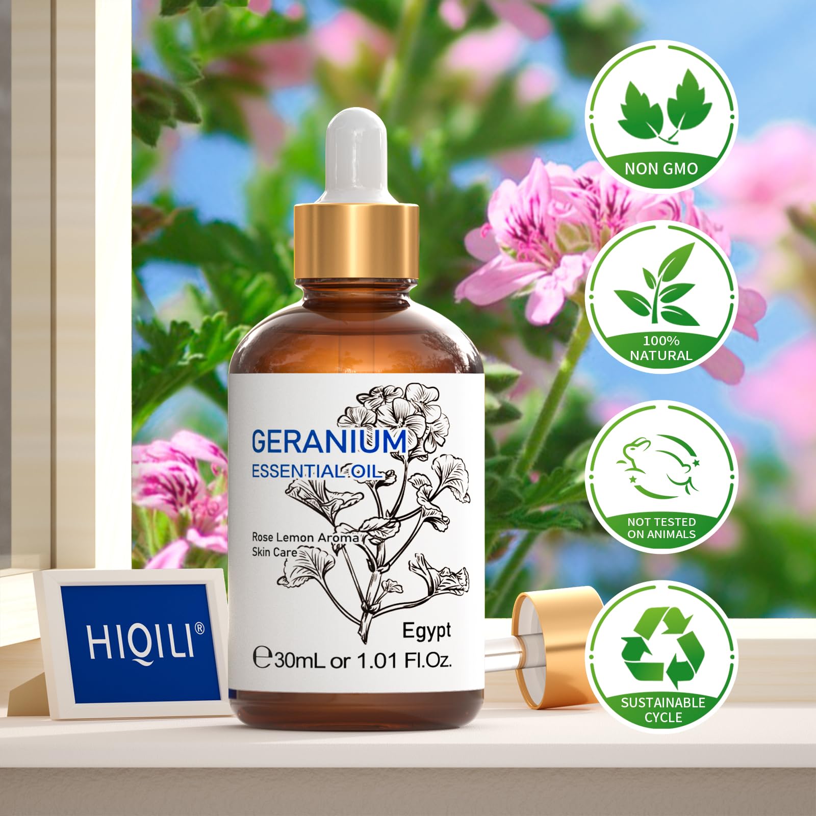 HIQILI Geranium essential oil packaging showcased as gift-ready