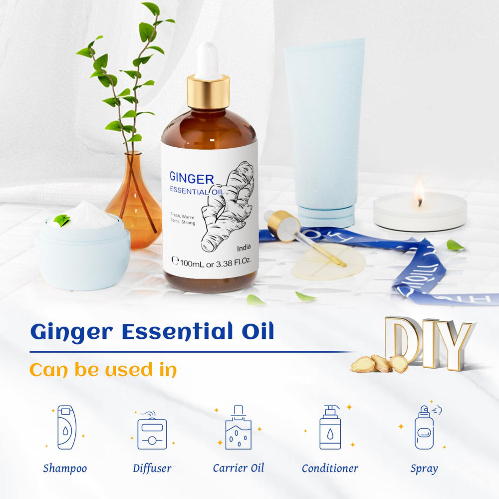 HIQILI Ginger Oil shown blending with citrus and spice for flexible aromatherapy.