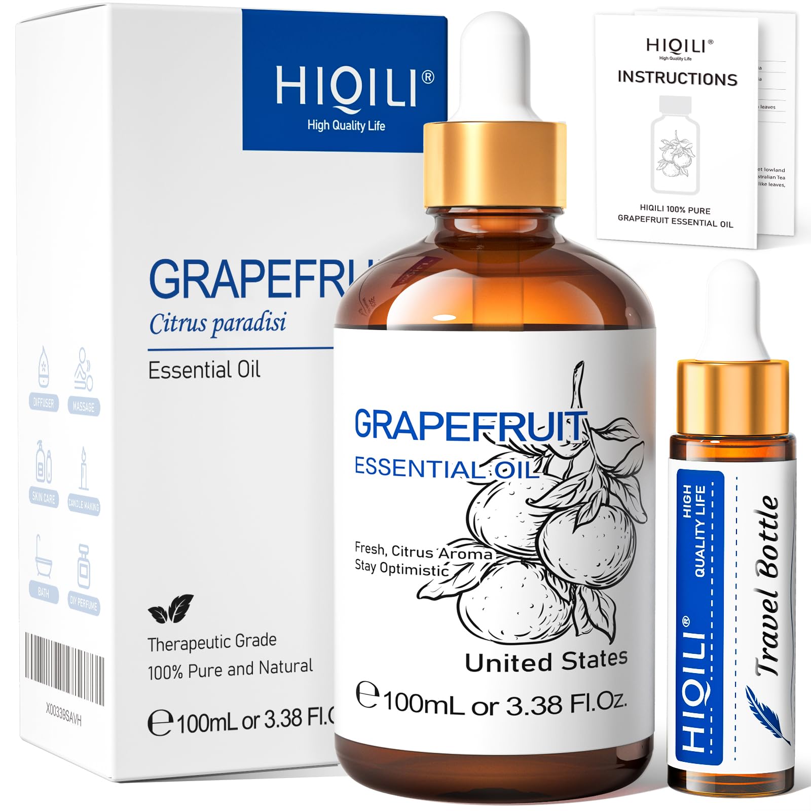 HIQILI Grapefruit essential oil bottle for diffuser and skincare routines