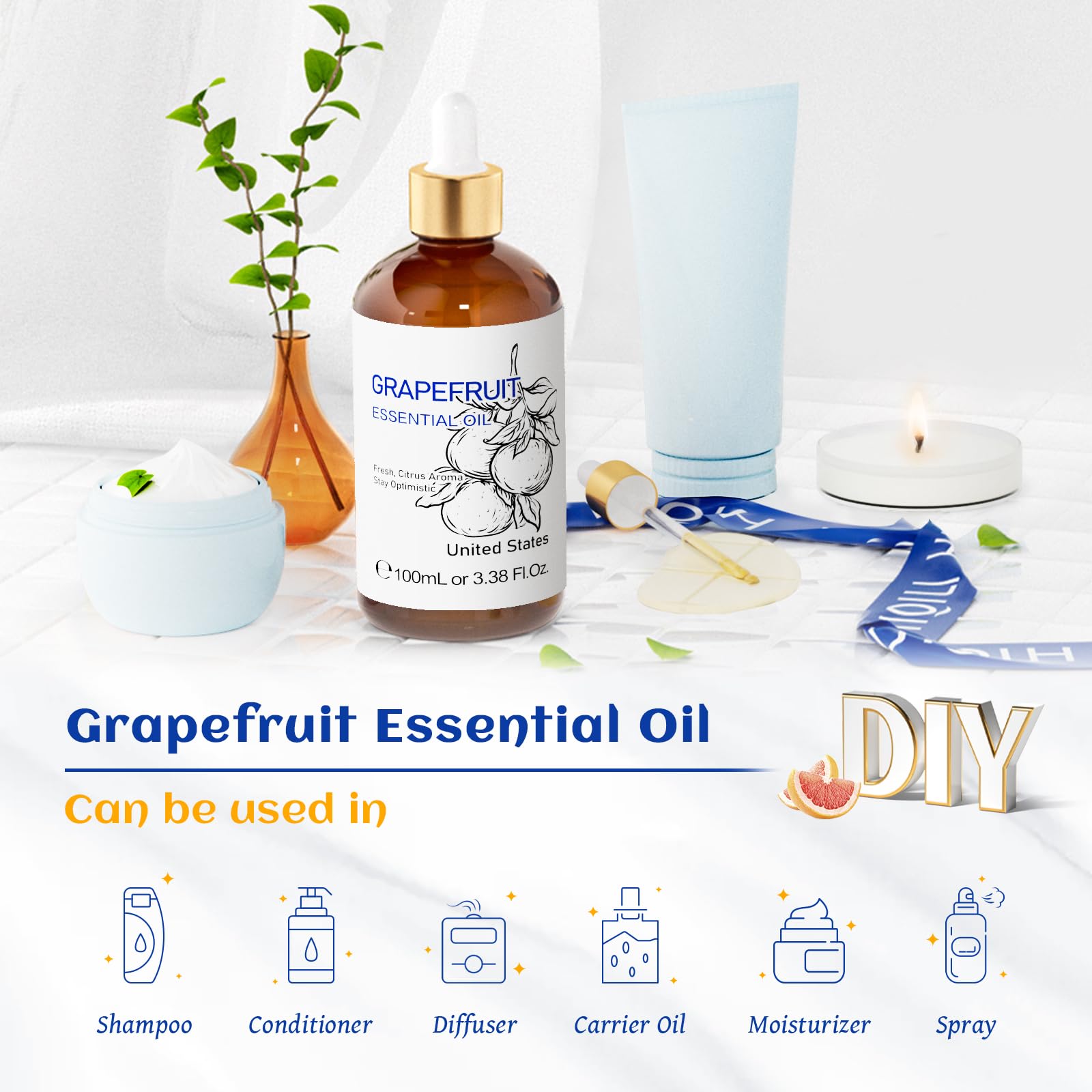 HIQILI Grapefruit essential oil diffuser blend setup with uplifting aroma