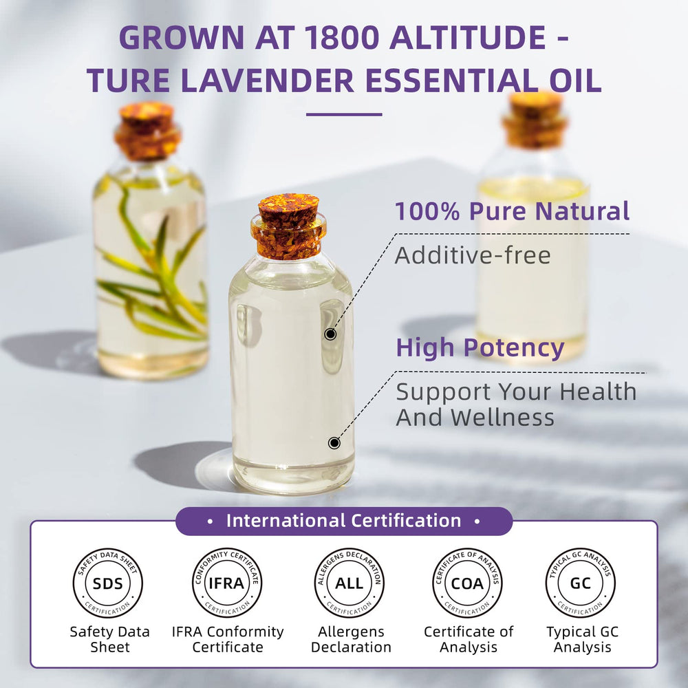 Close-up of HIQILI lavender oil bottle highlighting purity and aroma.