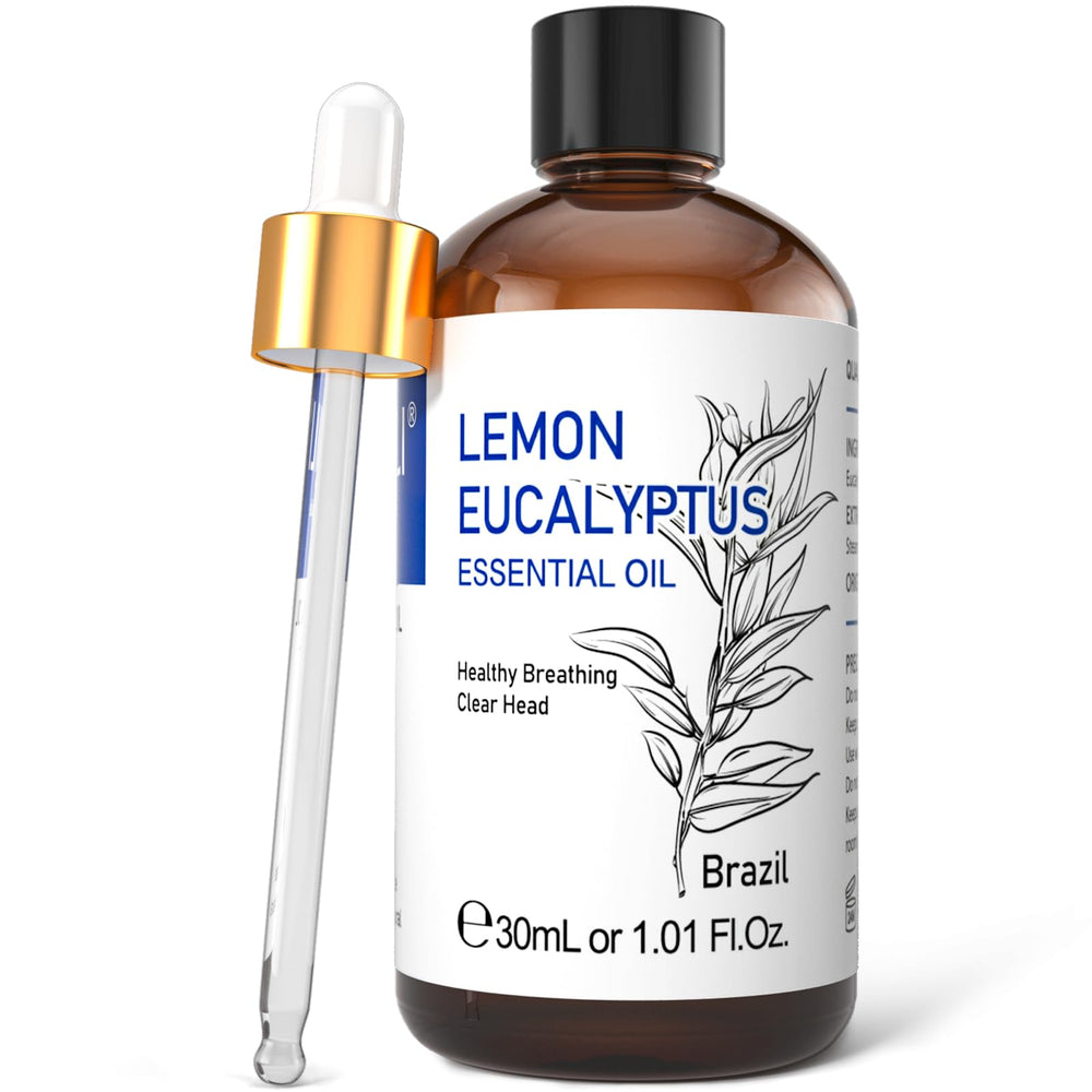 HIQILI Lemon Eucalyptus Oil in amber bottle for purity and fragrance longevity.