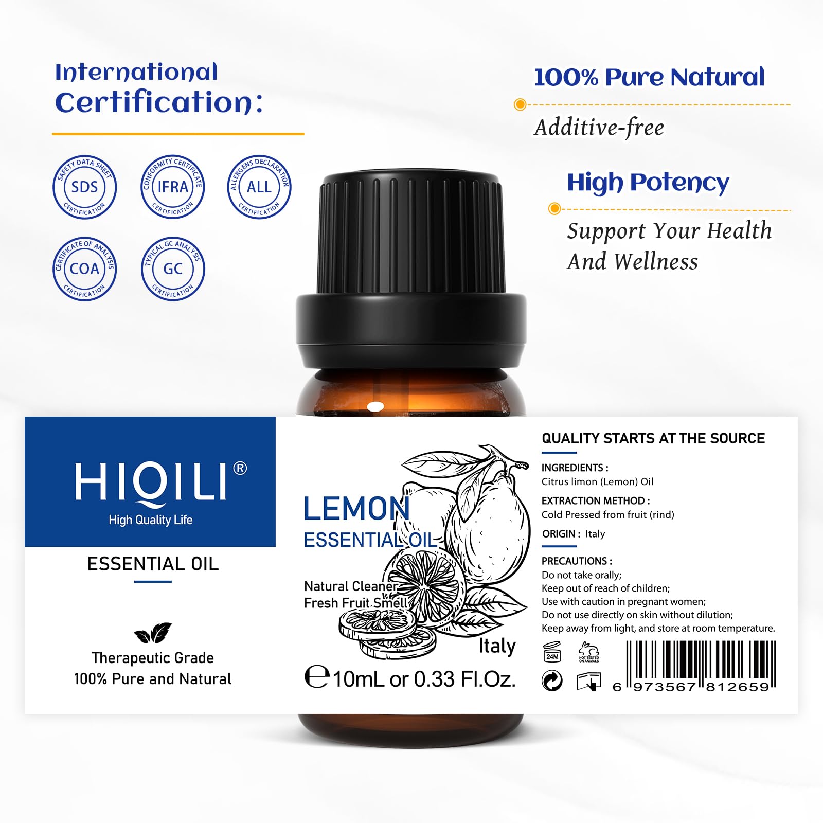 HIQILI Lemon essential oil blends well with lavender or tea tree for fresh air and skin.