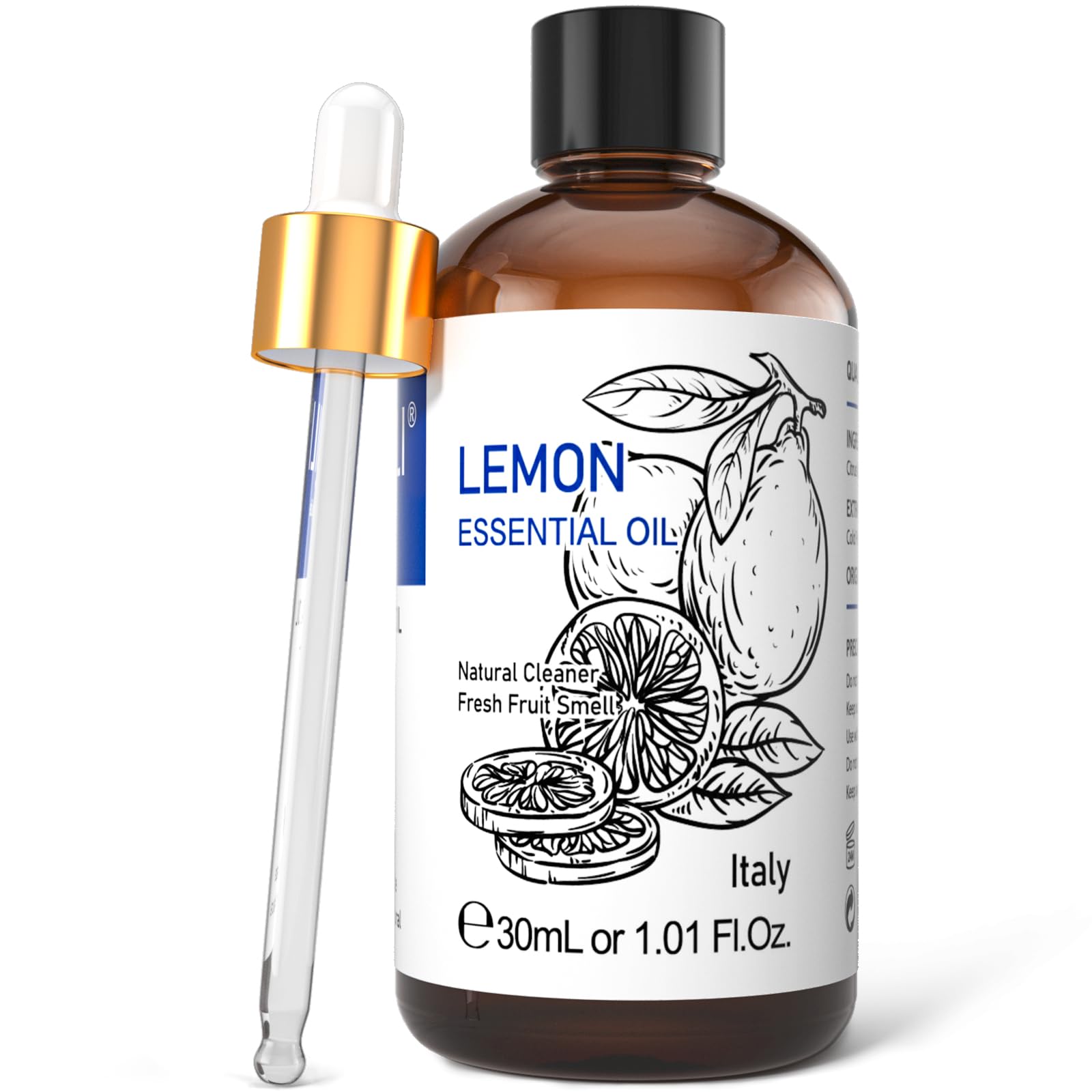 HIQILI Lemon Essential Oil bottle front highlights purity and citrus aroma.