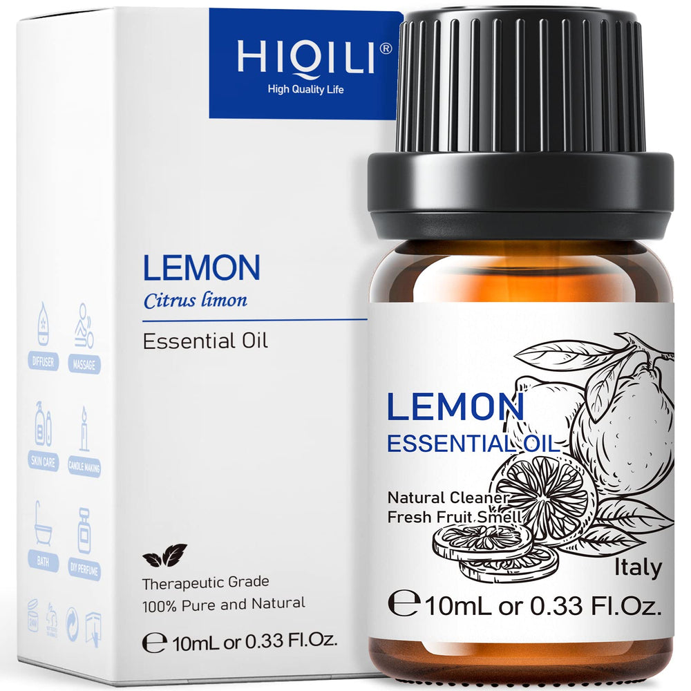 HIQILI Lemon essential oil bottle with fresh citrus aroma for versatile cleaning and skincare uses.