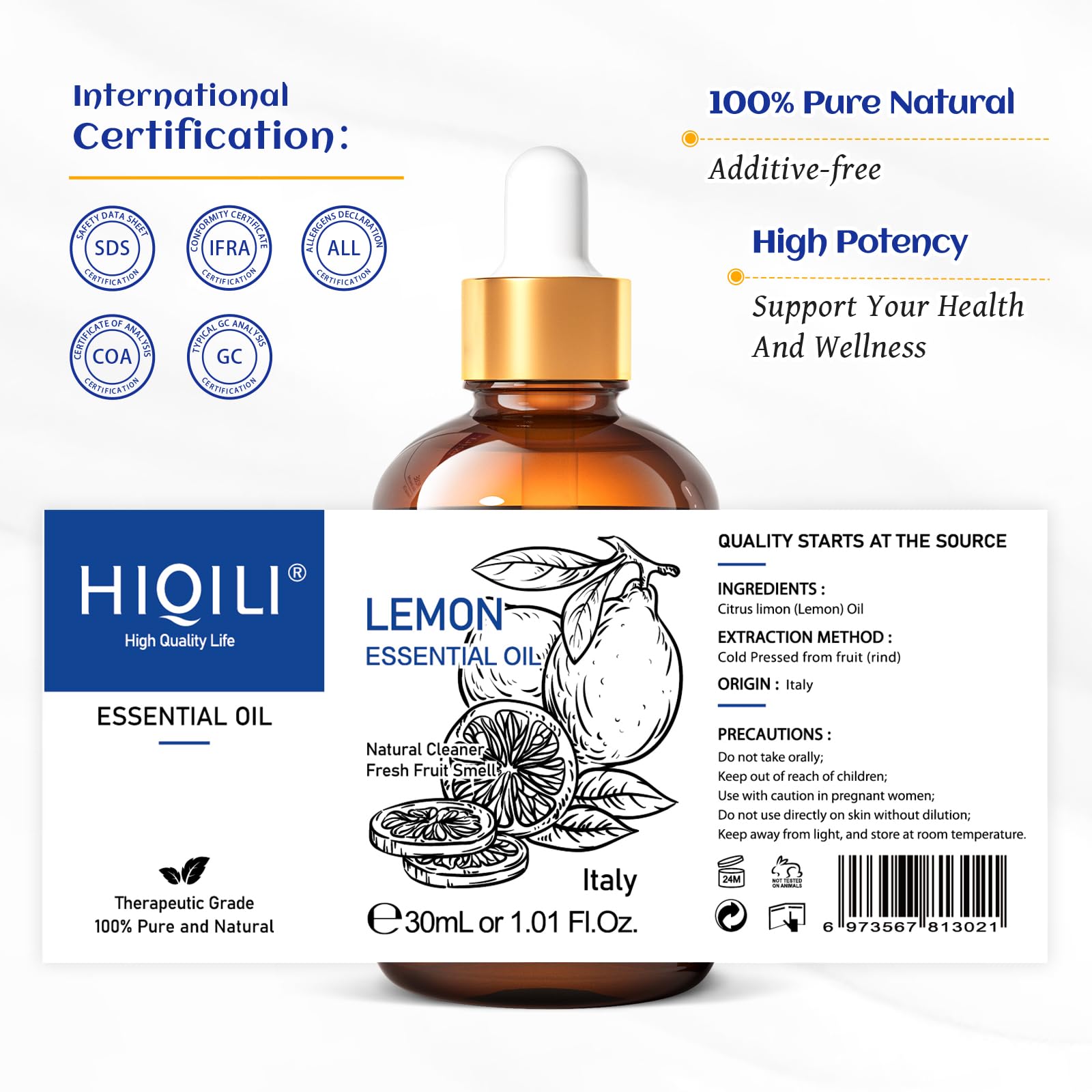 HIQILI Lemon Essential Oil dropper enables precise dosing.