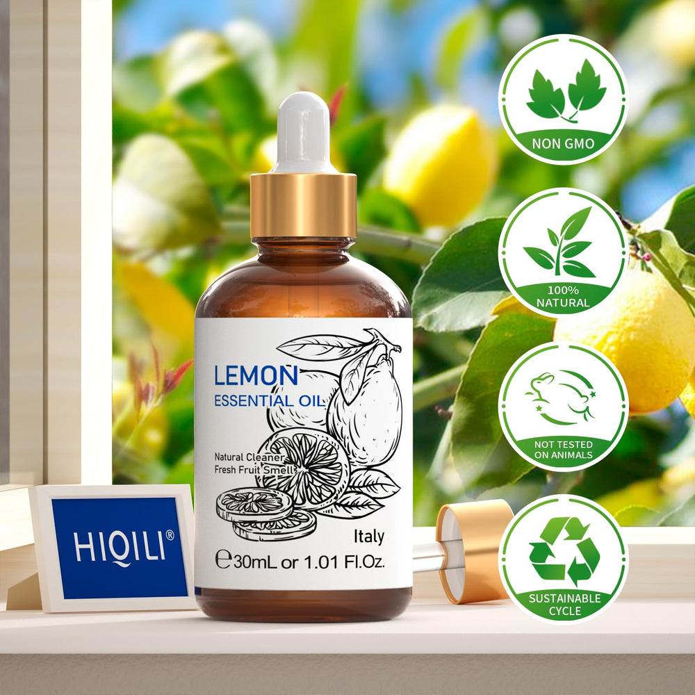 HIQILI Lemon Essential Oil set promotes fresh scent in spaces.