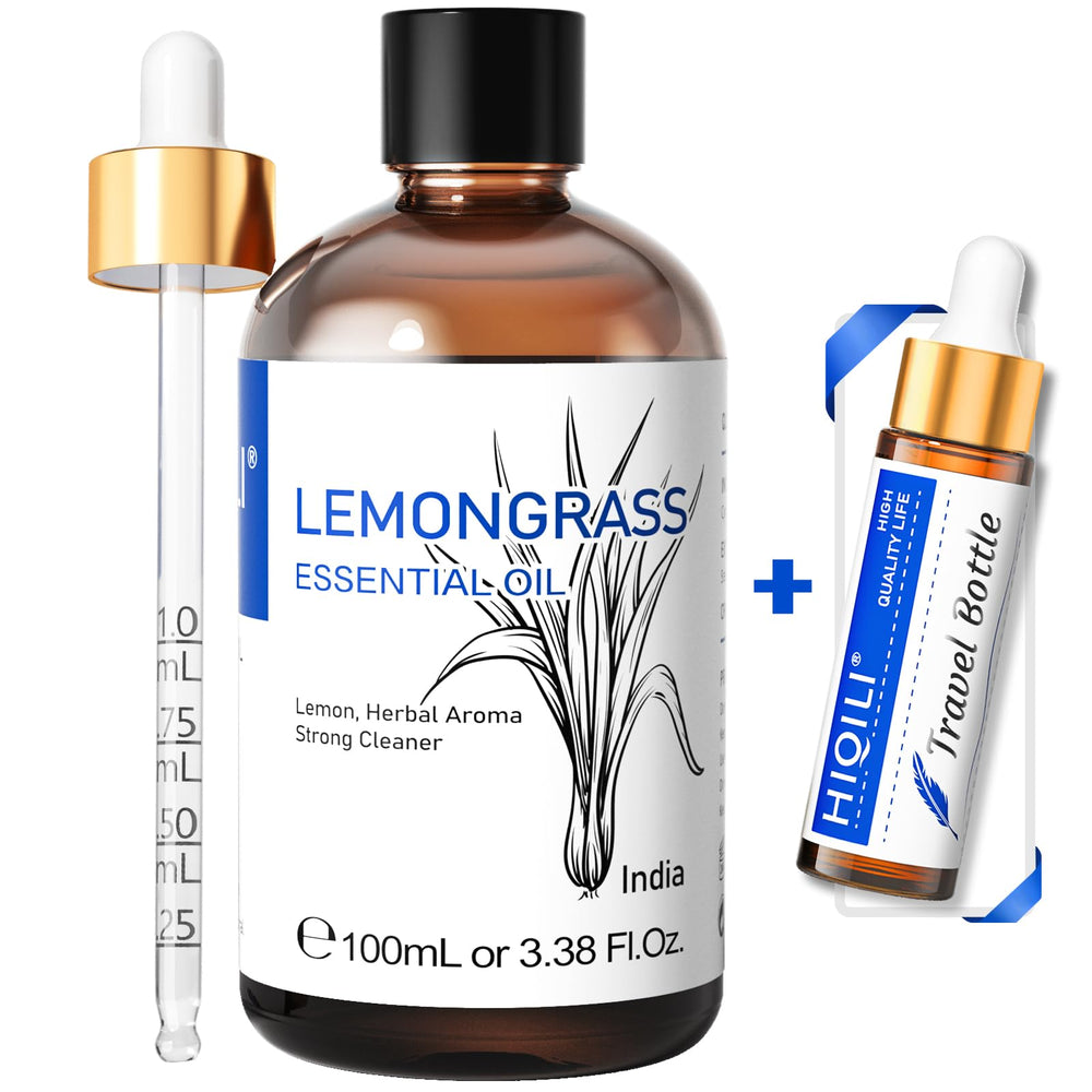 HIQILI Lemongrass essential oil bottle pour for refreshing spaces.