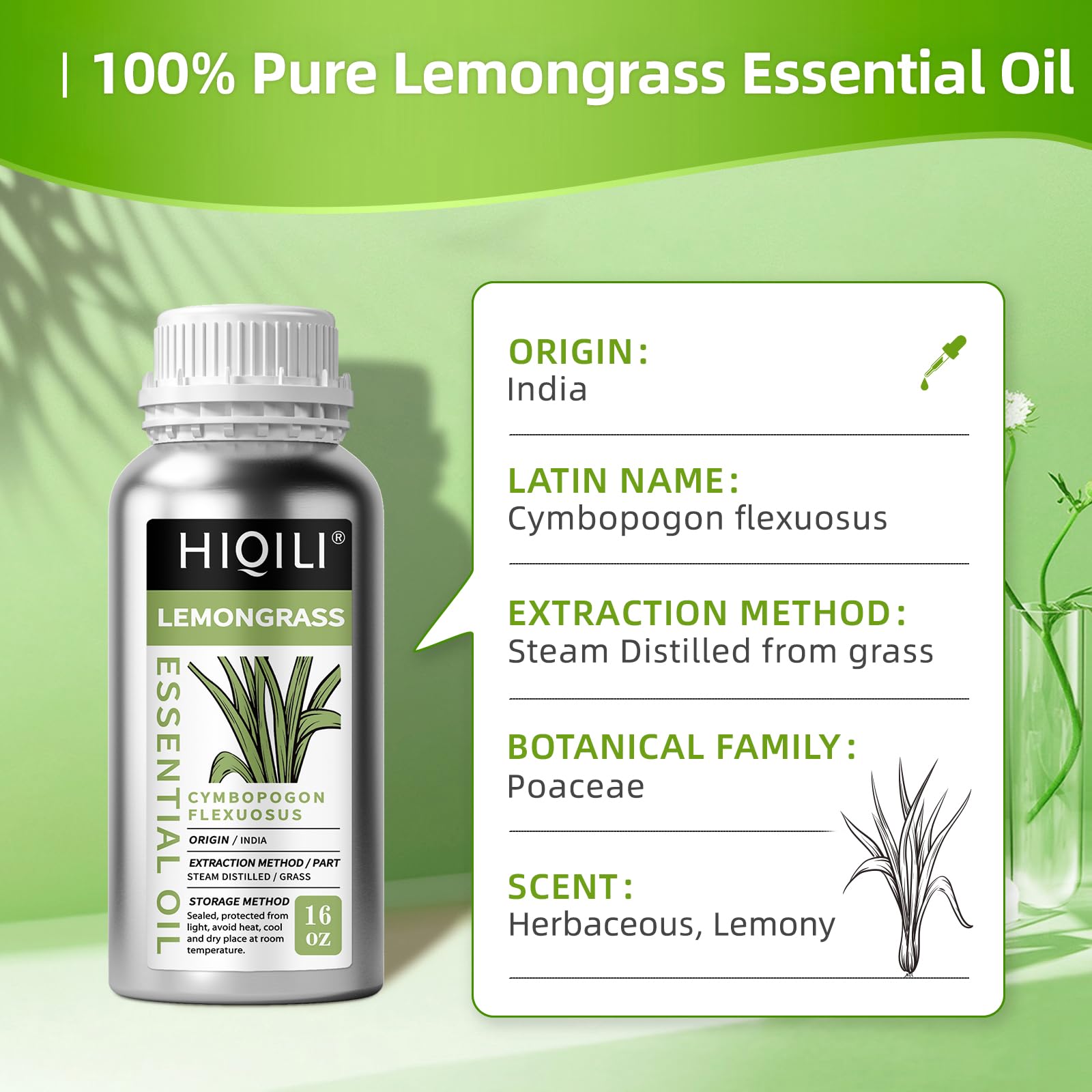 HIQILI lemongrass oil for hair care blends and conditioning.