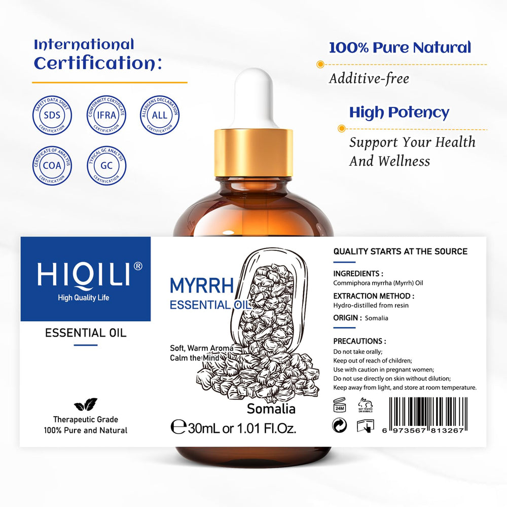 HIQILI Myrrh essential oil diffuser scene for relaxing ambience.