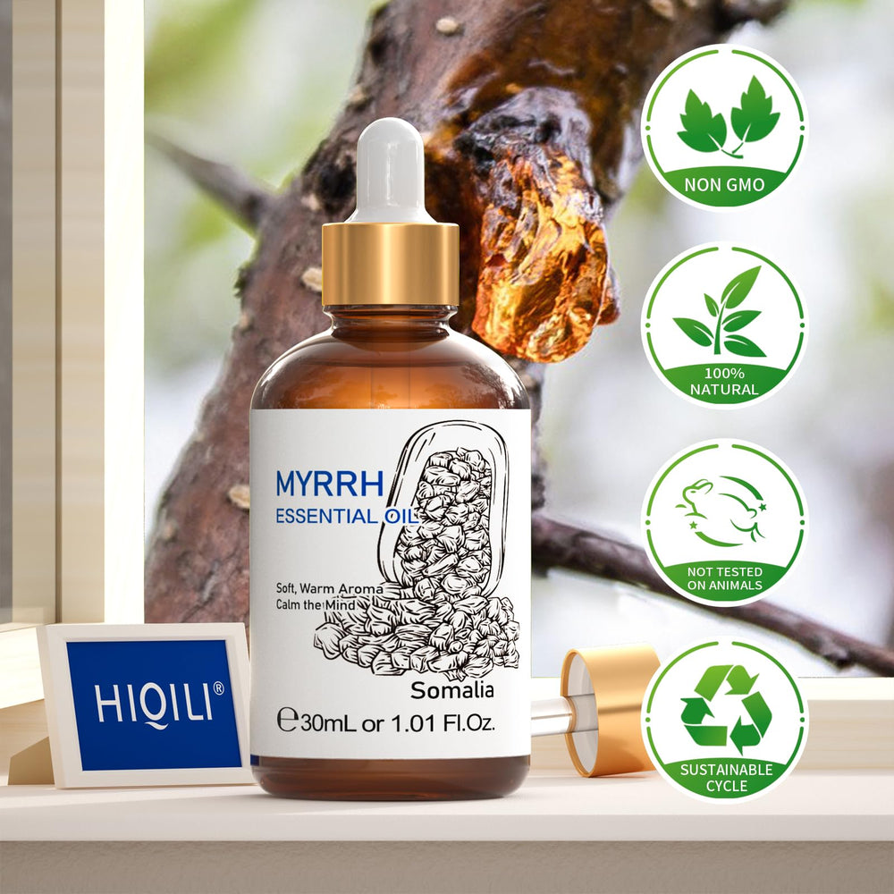 HIQILI Myrrh essential oil blended with other oils for DIY projects.