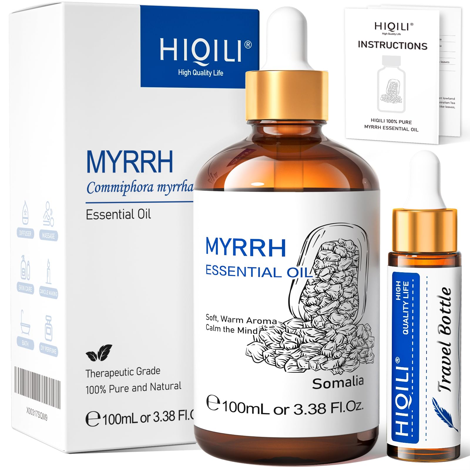 HIQILI Myrrh essential oil 100ml diffuser bottle pour, subtle room fragrance.