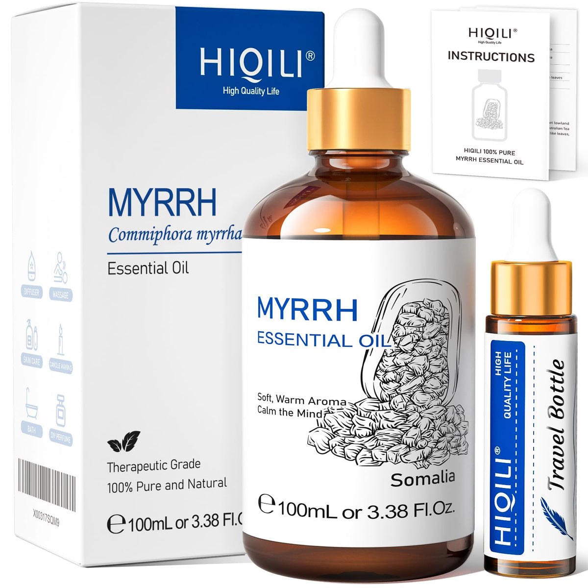 HIQILI Myrrh essential oil 100ml diffuser bottle pour, subtle room fragrance.
