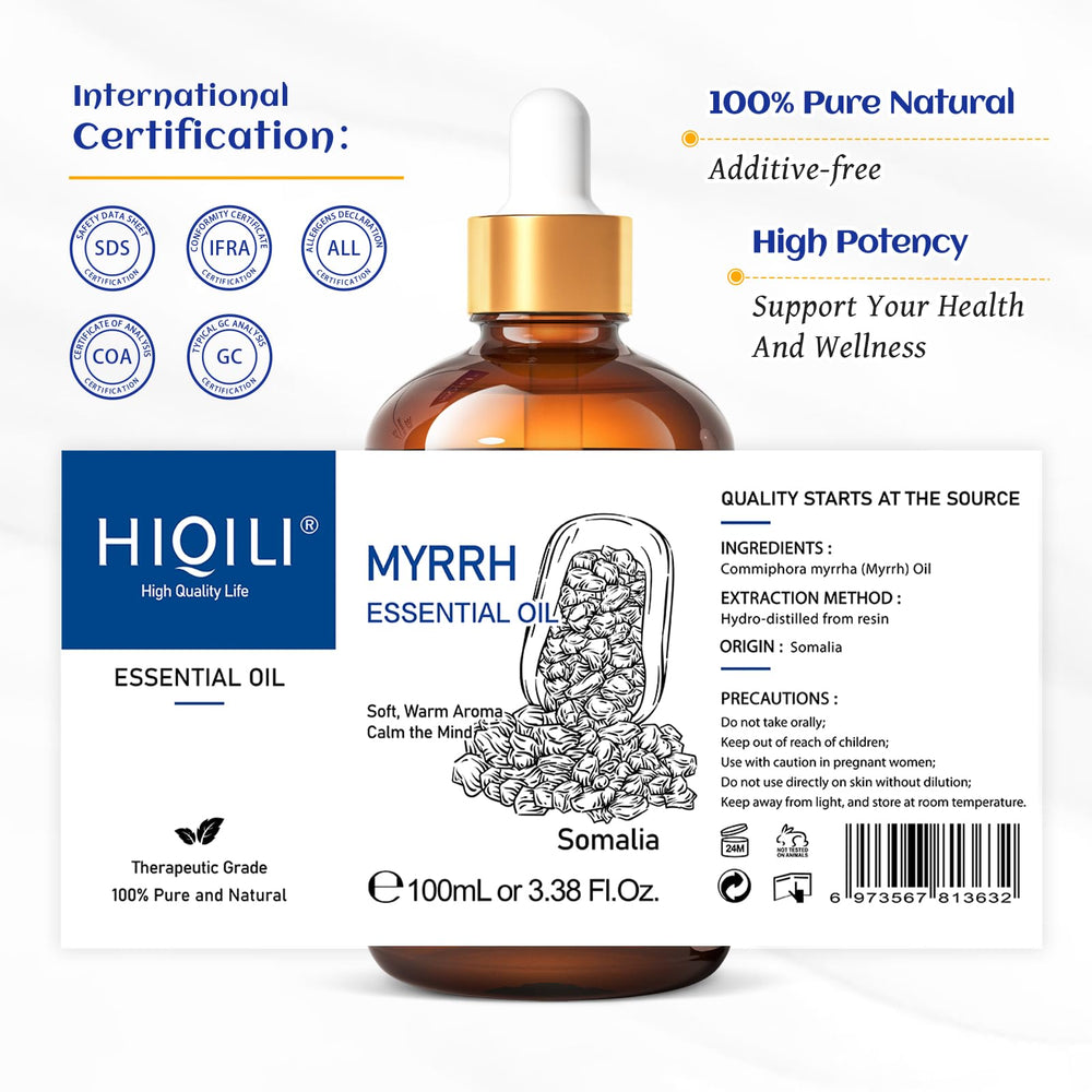 HIQILI Myrrh essential oil 100ml relaxation scene for spa-like ambiance.