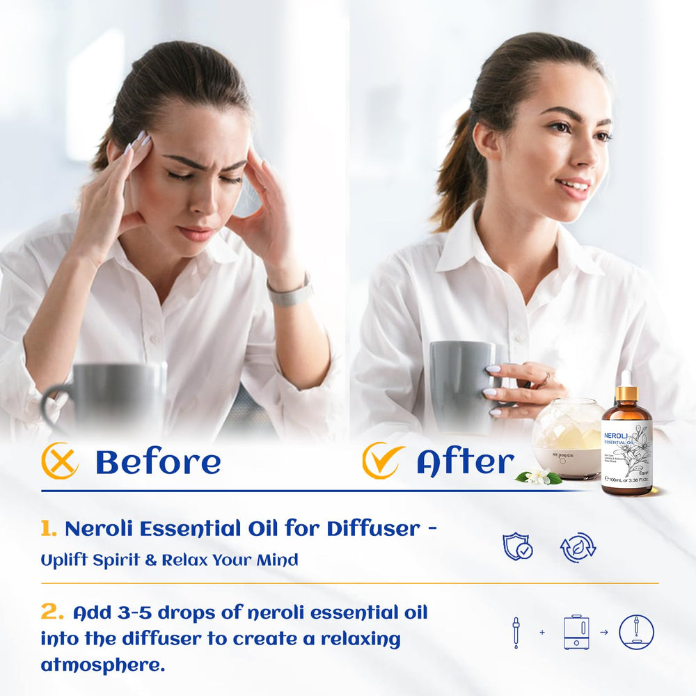 HIQILI Neroli oil in diffuser scene promoting calm aromatherapy in living spaces.