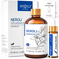 HIQILI Neroli essential oil bottle close-up highlighting purity for skincare use.