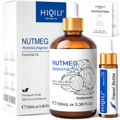 HIQILI Nutmeg Essential Oil bottle on a clean surface ready for aromatherapy