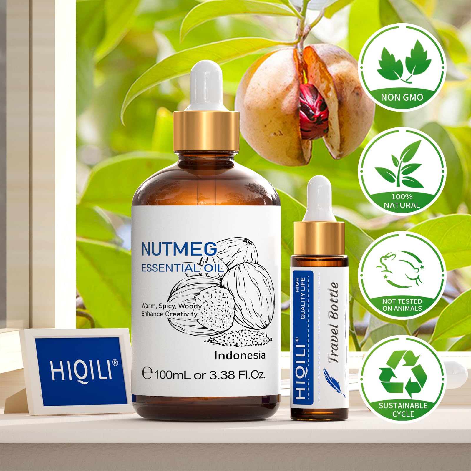 Clear golden nutmeg oil in a bottle reflecting natural purity