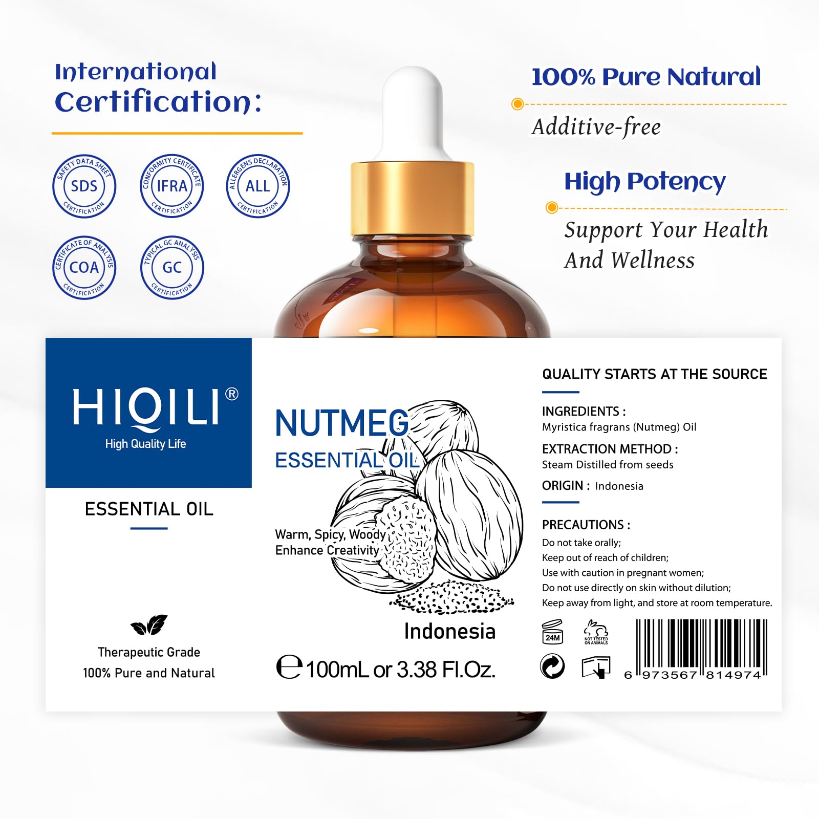 HIQILI Nutmeg oil bottle and dropper highlighting clean, pure packaging