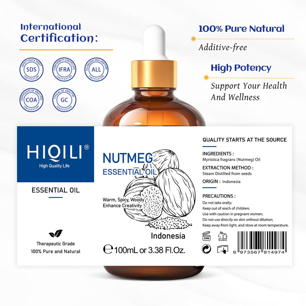 HIQILI Nutmeg oil bottle and dropper highlighting clean, pure packaging