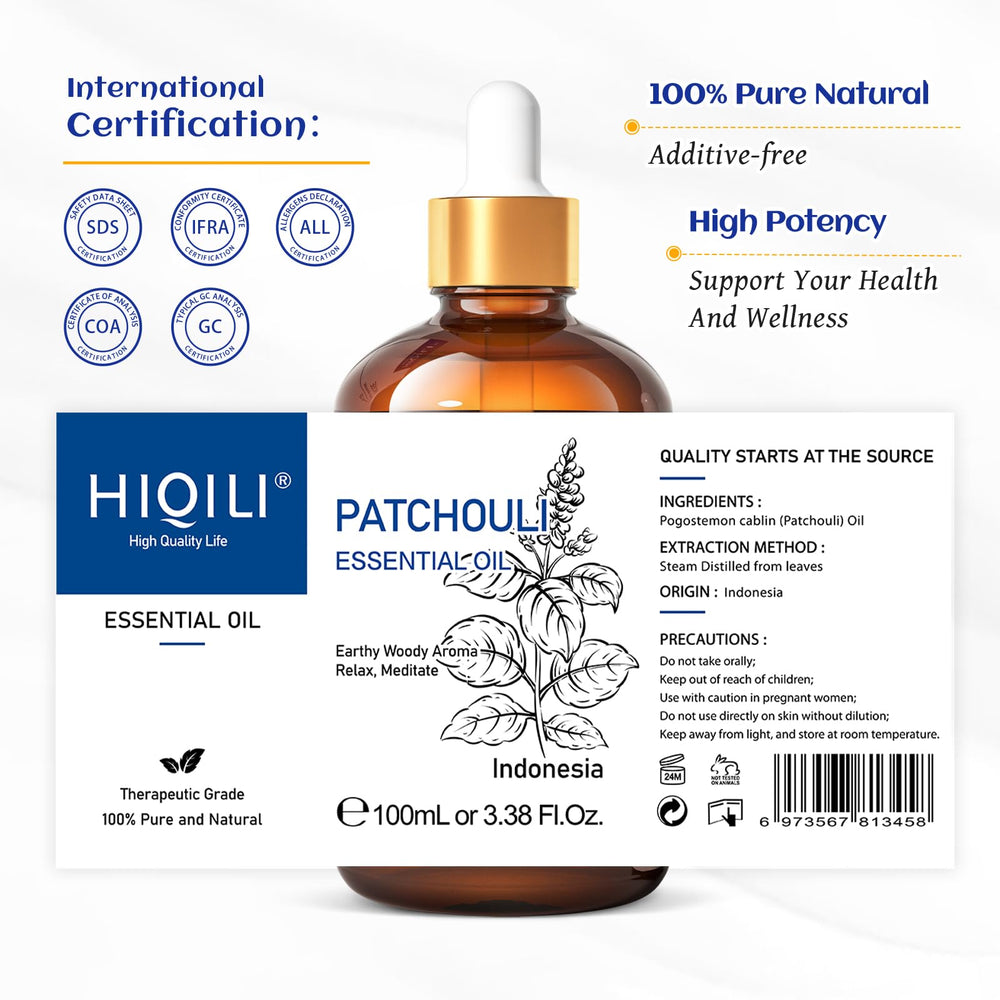 Travel-friendly HIQILI patchouli oil in a compact 10 ml bottle.