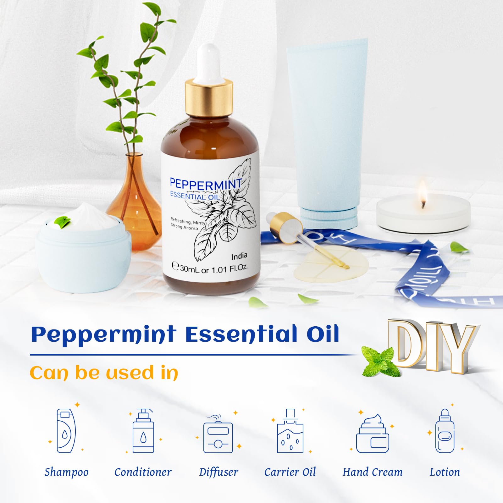 HIQILI peppermint oil packaging shown beside a diffuser setup.