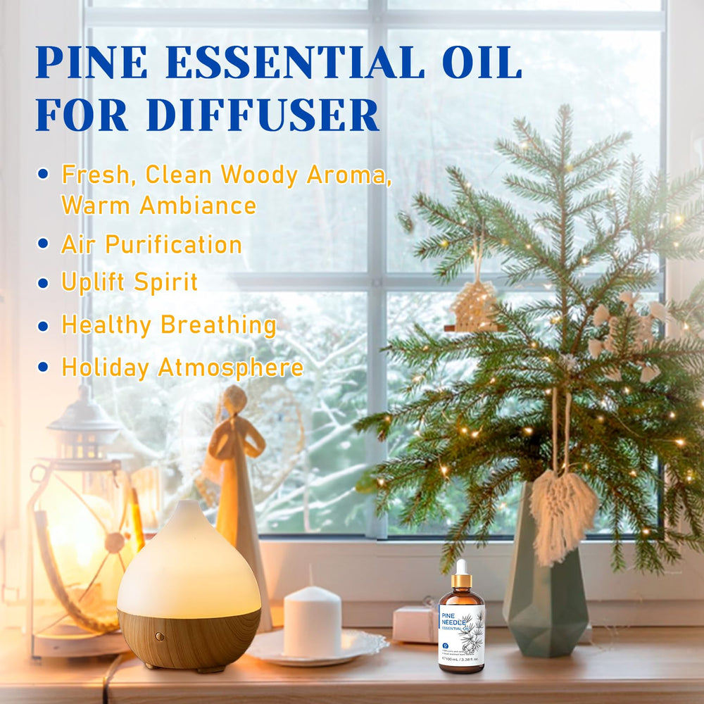 HIQILI pine aroma in a diffuser scene for a calming forest mood.