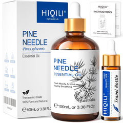 HIQILI Pine essential oil bottle with pure, woody aroma for home use.