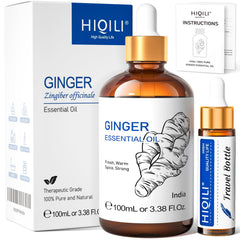 HIQILI Pure Ginger Essential Oil bottle shown for diffusion and mood-lending aromatherapy.