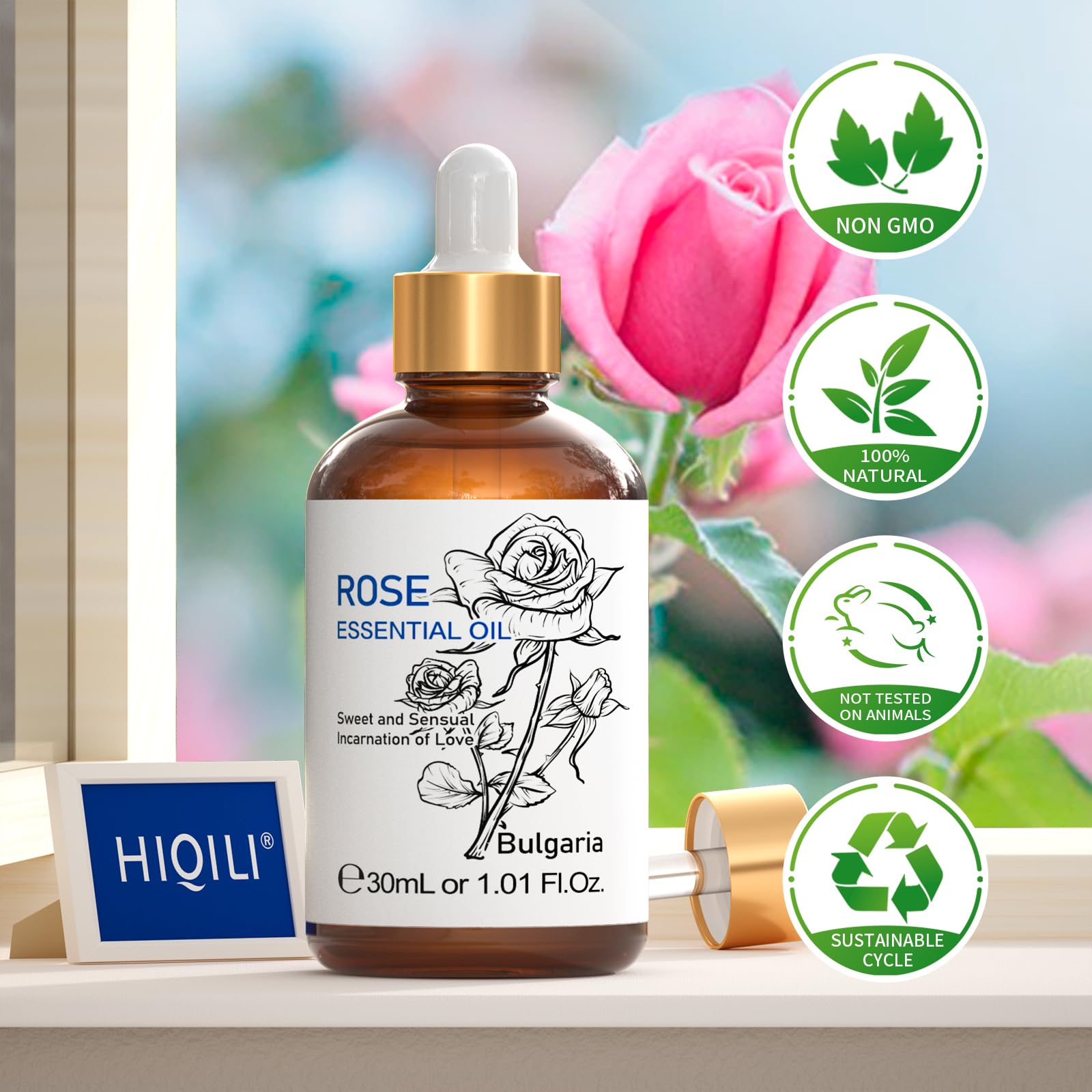 HIQILI Rose Aceite Esencial - ambientación hogareña con aroma floral suave.