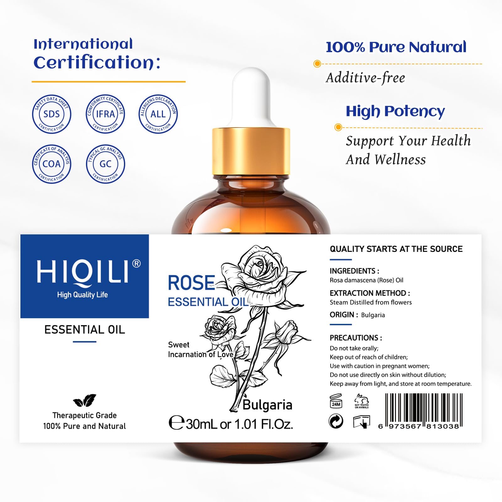 HIQILI Rose Aceite Esencial - envase de vidrio, calidad premium.