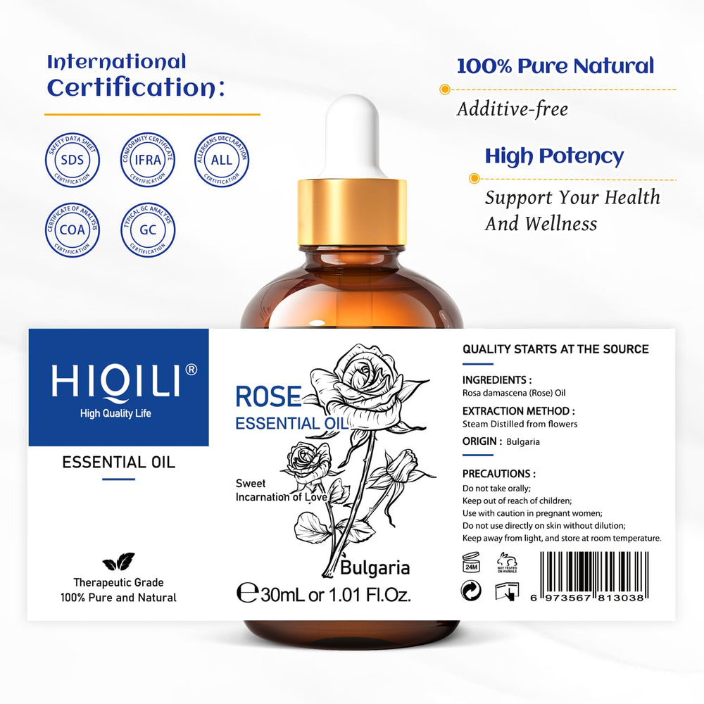 HIQILI Rose Aceite Esencial - envase de vidrio, calidad premium.