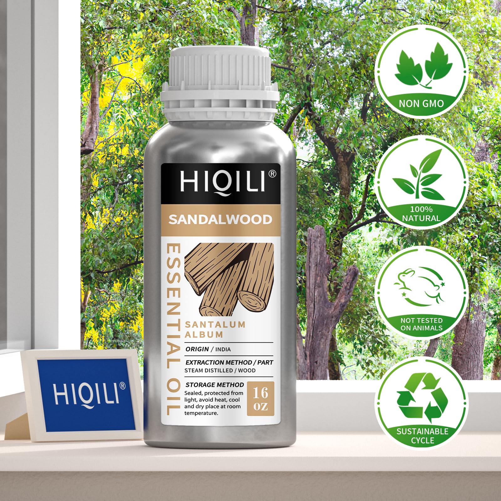 HIQILI sandalwood essential oil packaging with two bottles for easy sharing