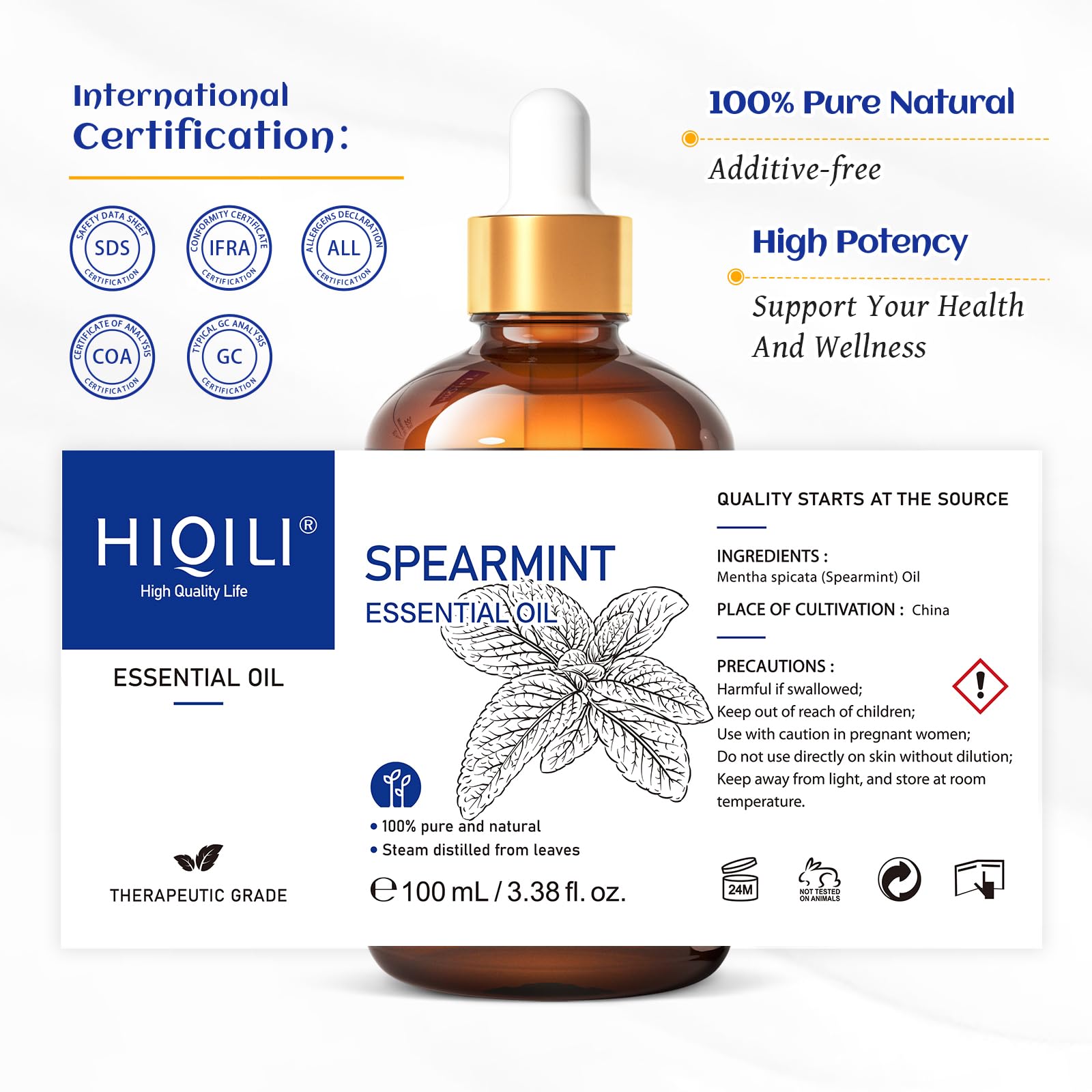 HIQILI spearmint oil packaging label emphasizing natural ingredients.