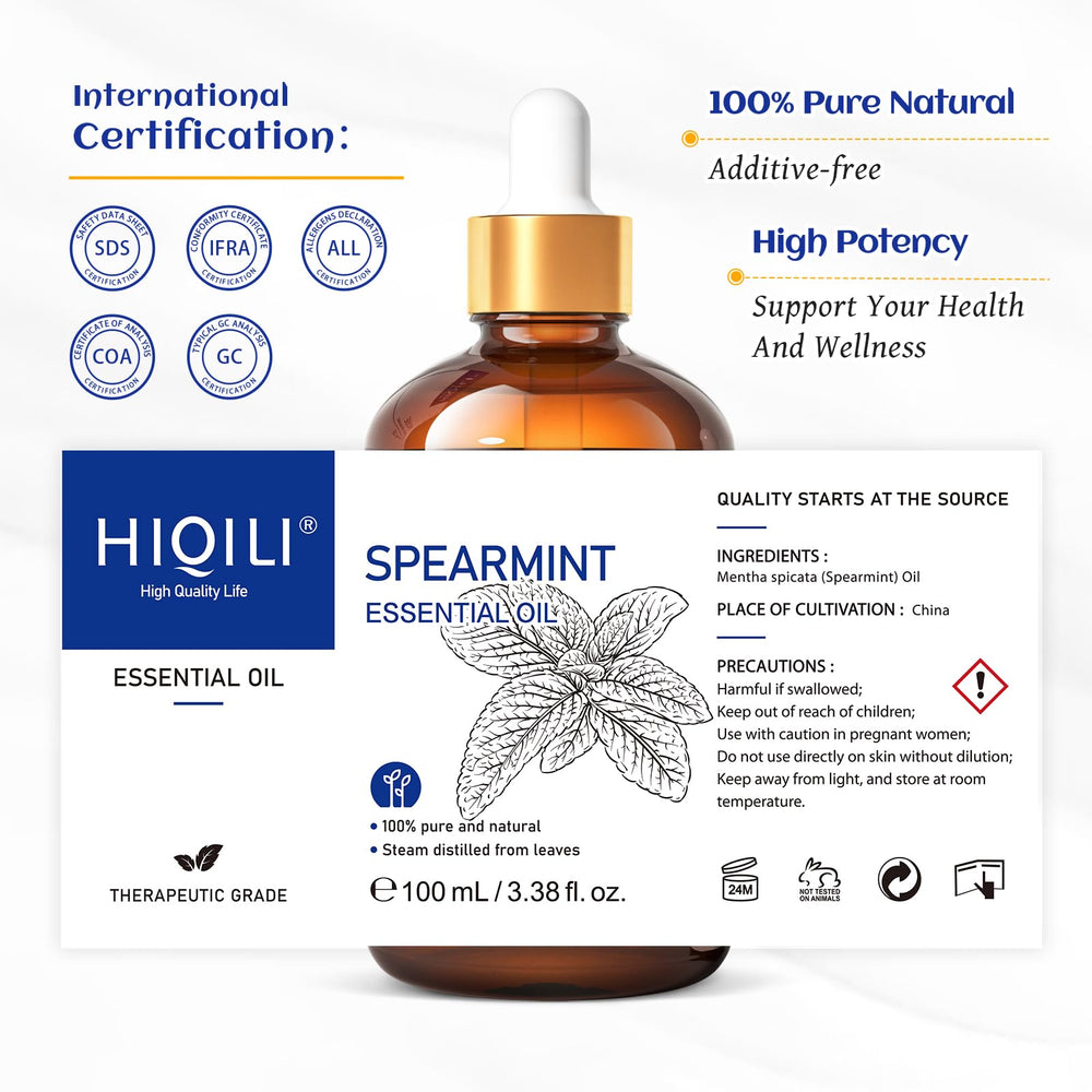 HIQILI spearmint oil packaging label emphasizing natural ingredients.
