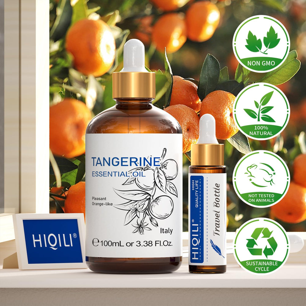 HIQILI Tangerine Essential Oil close-up with COA label, signaling testing