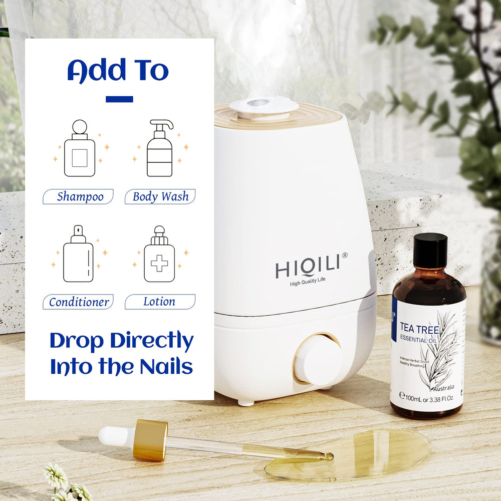 HIQILI Tea Tree Oil with body wash bottle highlighting gentle cleansing and scent
