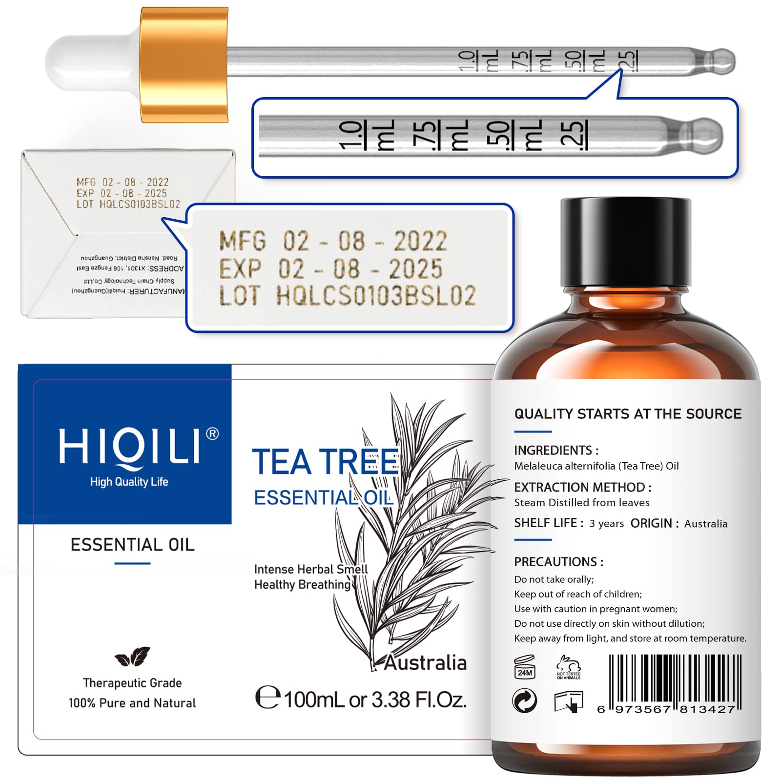 HIQILI Tea Tree Oil bottle beside massage oil illustrating calming skin application
