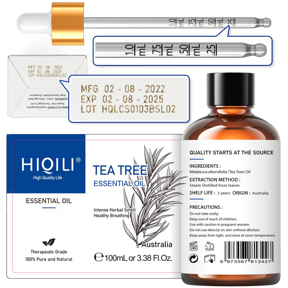 HIQILI Tea Tree Oil bottle beside massage oil illustrating calming skin application