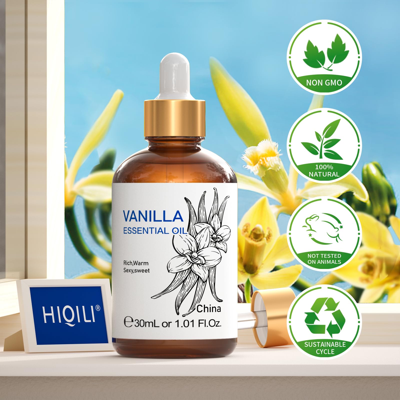 HIQILI vanilla essential oil bottle beside aromatherapy products