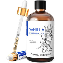 HIQILI vanilla essential oil bottle closeup highlighting pure aroma for a relaxing home ambiance