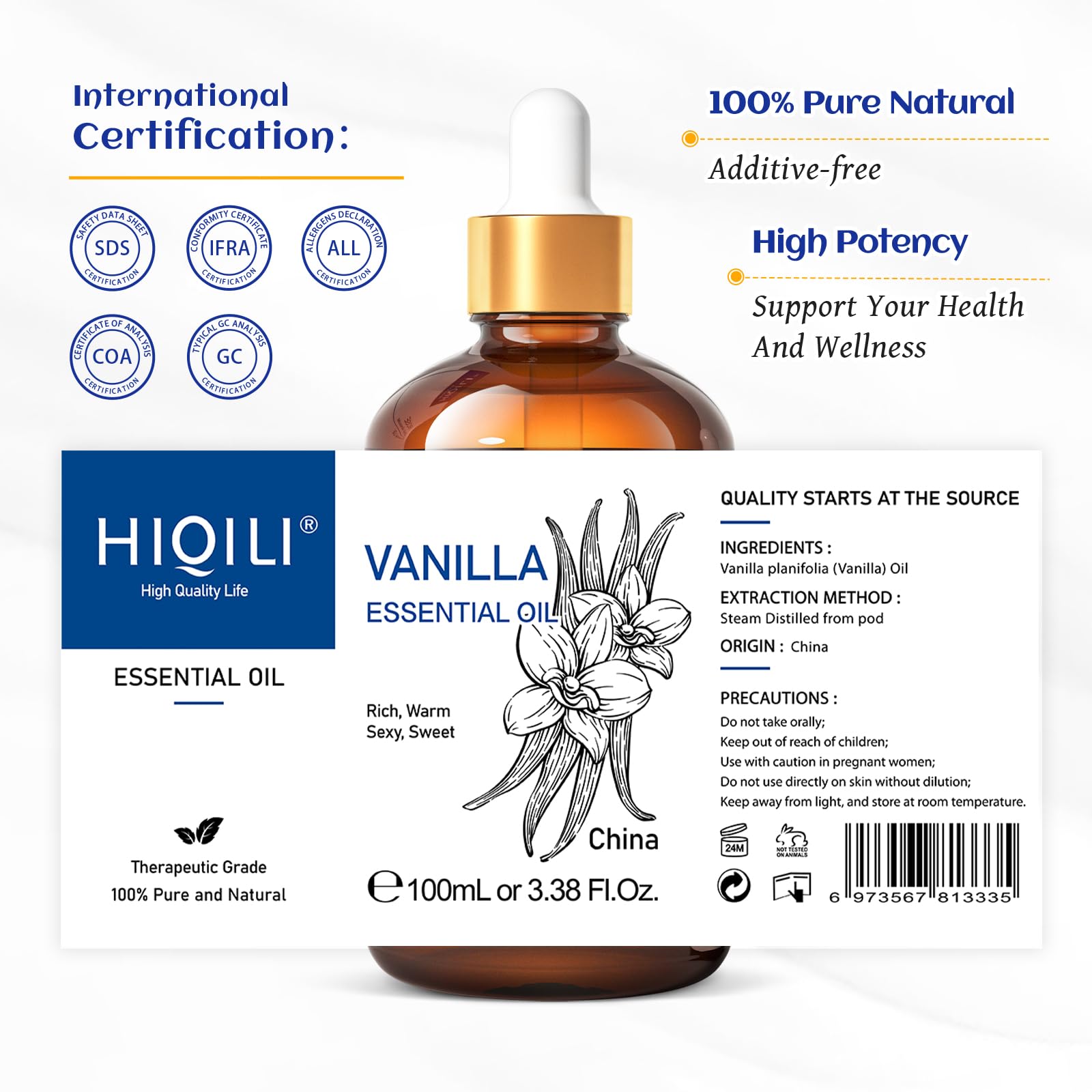 HIQILI vanilla oil packaging featuring amber bottle protecting quality