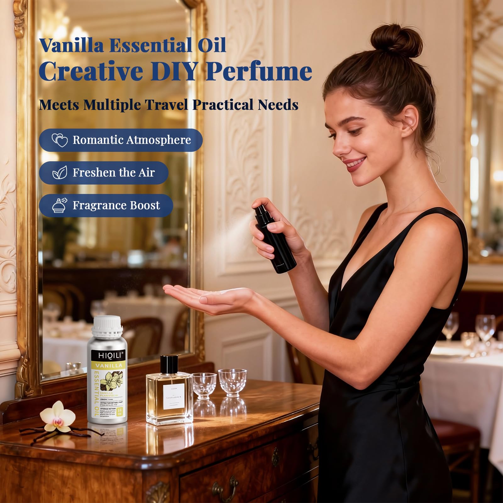 HIQILI vanilla oil bottle used in shampoo and conditioner blends