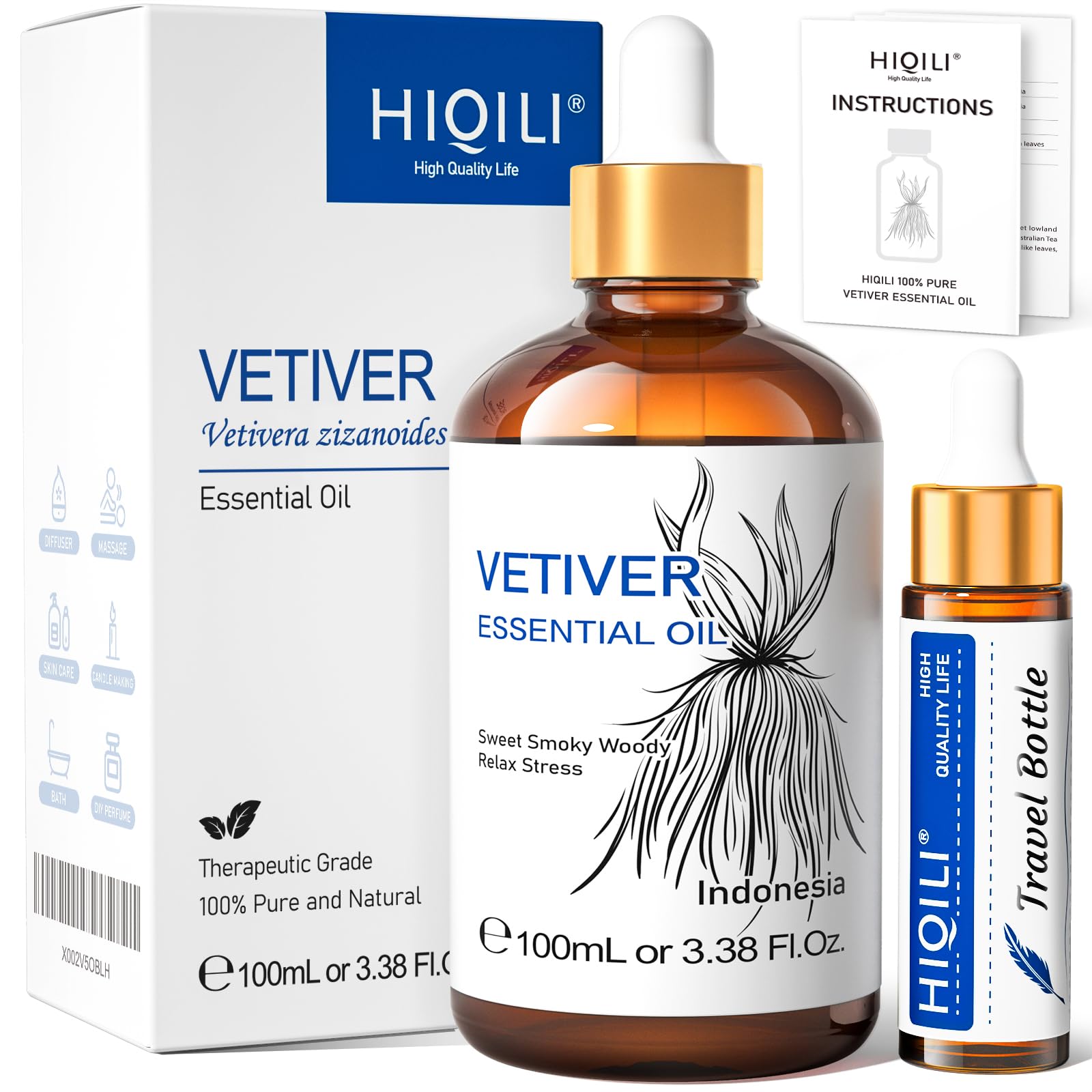 HIQILI Vetiver essential oil bottle ready for diffuser and relaxation